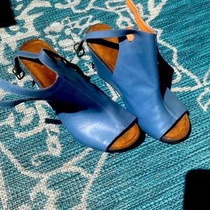 Comfy, beautiful blue leather upper Mark Jenkins wedges - worn 3 times.
